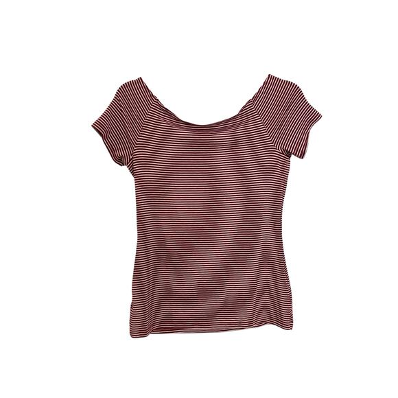 Old Navy Shirt Womens Medium Boat Neck Tee Burgundy White Striped Short Sleeve - Picture 2 of 5